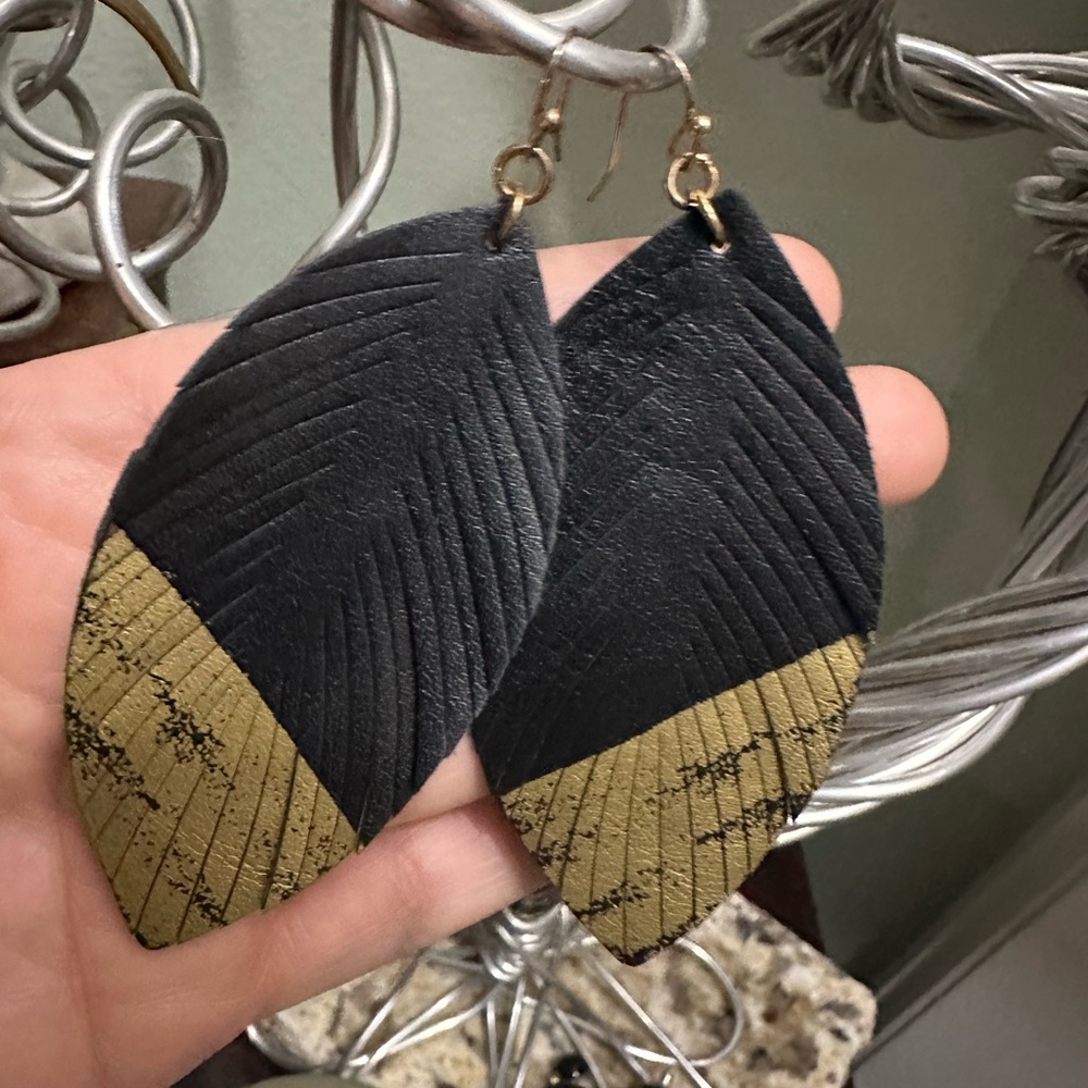 Elegant Black and Gold Leather Feather Earrings